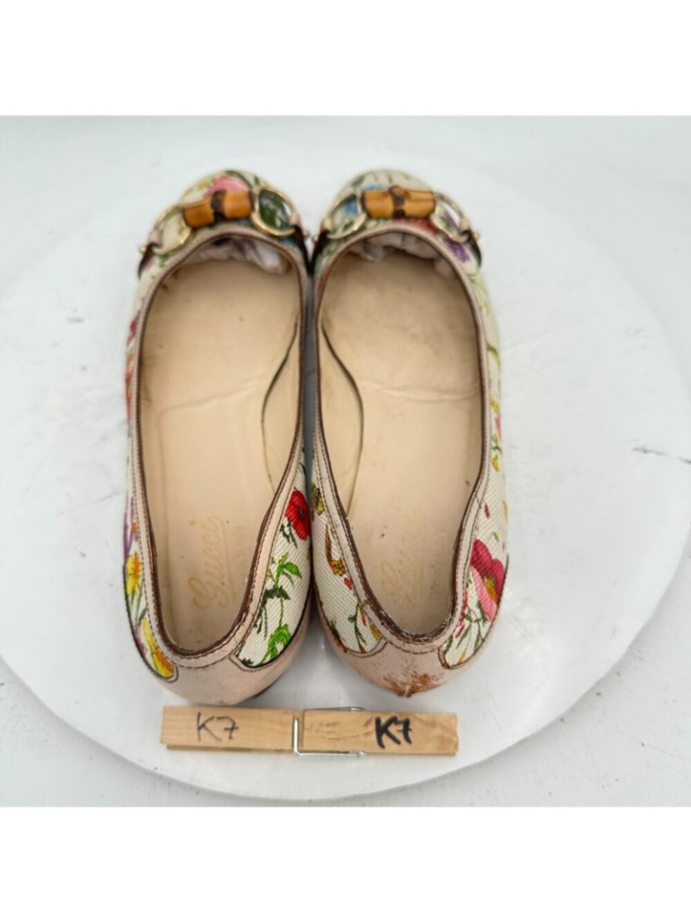 Gucci Women Size 6.5B Flora canvas ballet Leather Bamboo horsebit Flat Shoes - Picture 9 of 11